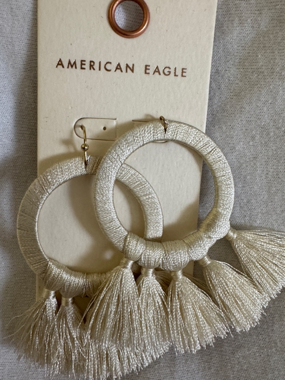 American Eagle Outfitters Cream Tassel Hoop Statement Earrings